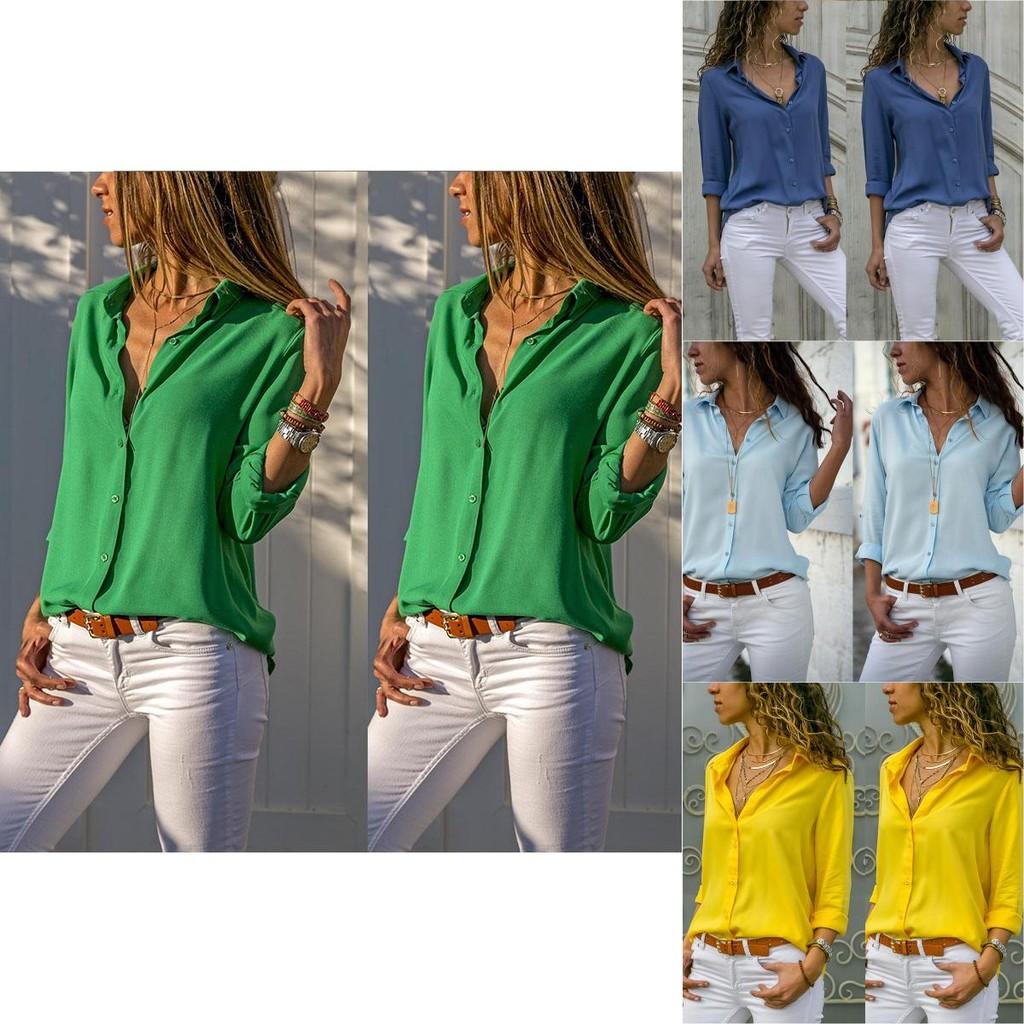 Вневременная однотонная женская офисная блузка-рубашка с длинным рукавом