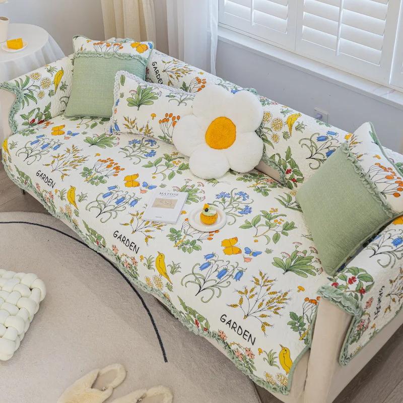 Pure Cotton Simple Dustproof Sofa Mat Retro Small Floral Comfortable Cushion Four Seasons Universal Anti Slip Couch Cover Cloth