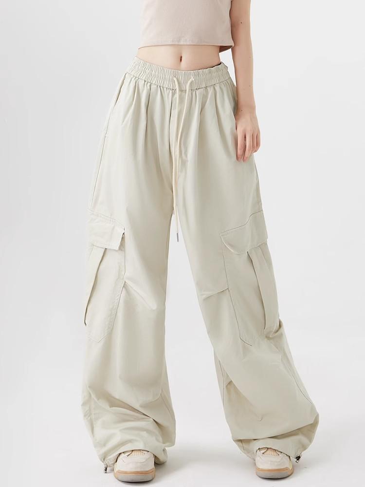 Women Big Pockets Cargo Pants Y2k High Elastic Waist Drawstring Baggy Trousers Vintage Casual Loose Wide Leg Straight Pants