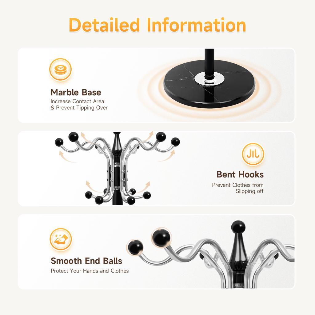 Органайзер-подставка для шляп с 17 крючками, прочная металлическая вешалка для одежды с вращающейся на 360° головкой и мраморным основанием, для шляп, шарфов, сумок, одежды