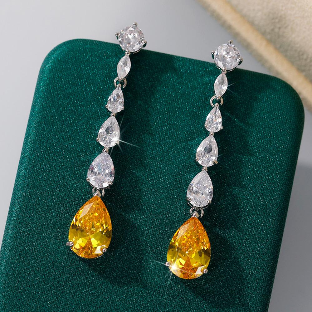 Huitan Bright Pear Yellow Cubic Zirconia Long Hanging Earrings Romantic Bride Wedding Accessory Luxury Fashion Jewelry for Women
