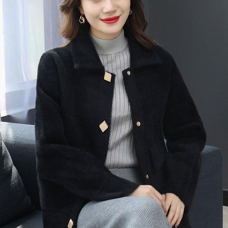 Fuzzy Cardigan Sweater for Women Imitation Mink Velvet Jacket Women Short Mohair Cardigan Lapel Knitted Cardigan Sweaters with Pockets