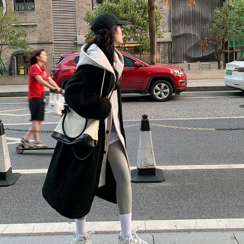 Свитшот из двух частей из овечьей шерсти контрастного цвета с имитацией, женский осенне-зимний нишевый дизайн, длинный свободный кардиган выше колена