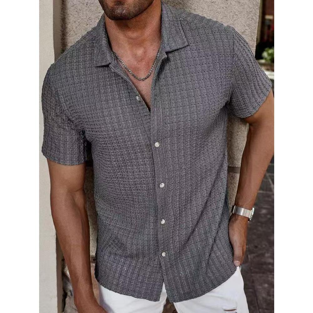 Men's Casual Knitted Shirt for Summer New Solid Color Lapel Hollow Breathable Short-sleeved Top