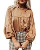 Azura Exchange Brown Puff Sleeve Collared Pleated Babydoll Blouse