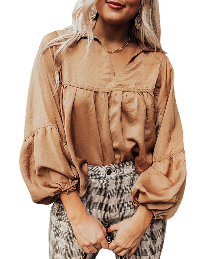 Azura Exchange Brown Puff Sleeve Collared Pleated Babydoll Blouse