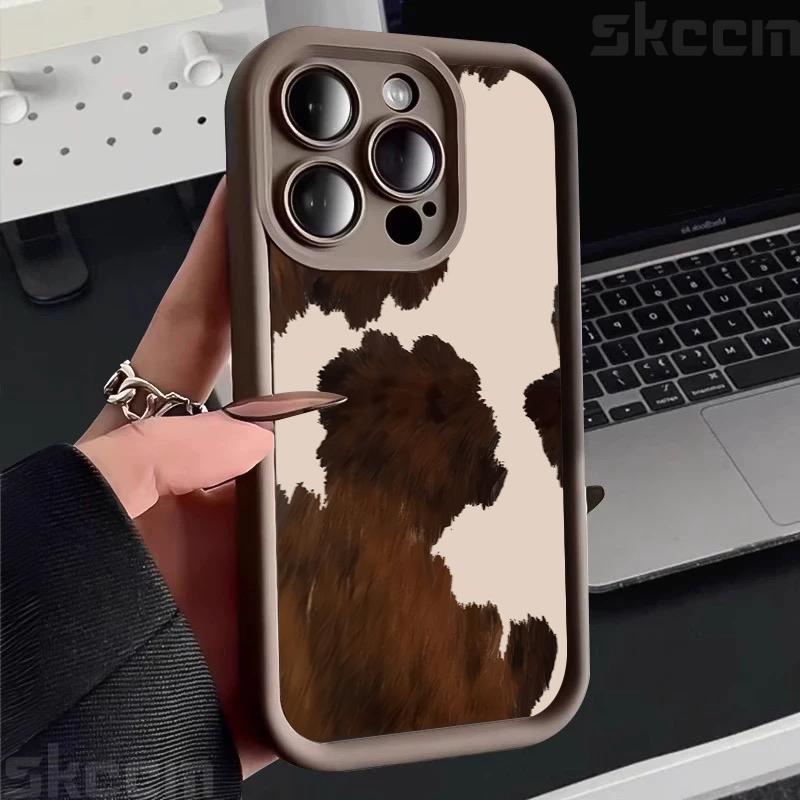 Винтажный чехол для телефона с рисунком под коричневую коровью кожу для iPhone 16 Pro Max 15 14 13 12 11 16E 7 8 Plus X XS XR Матовый ударопрочный мягкий чехол