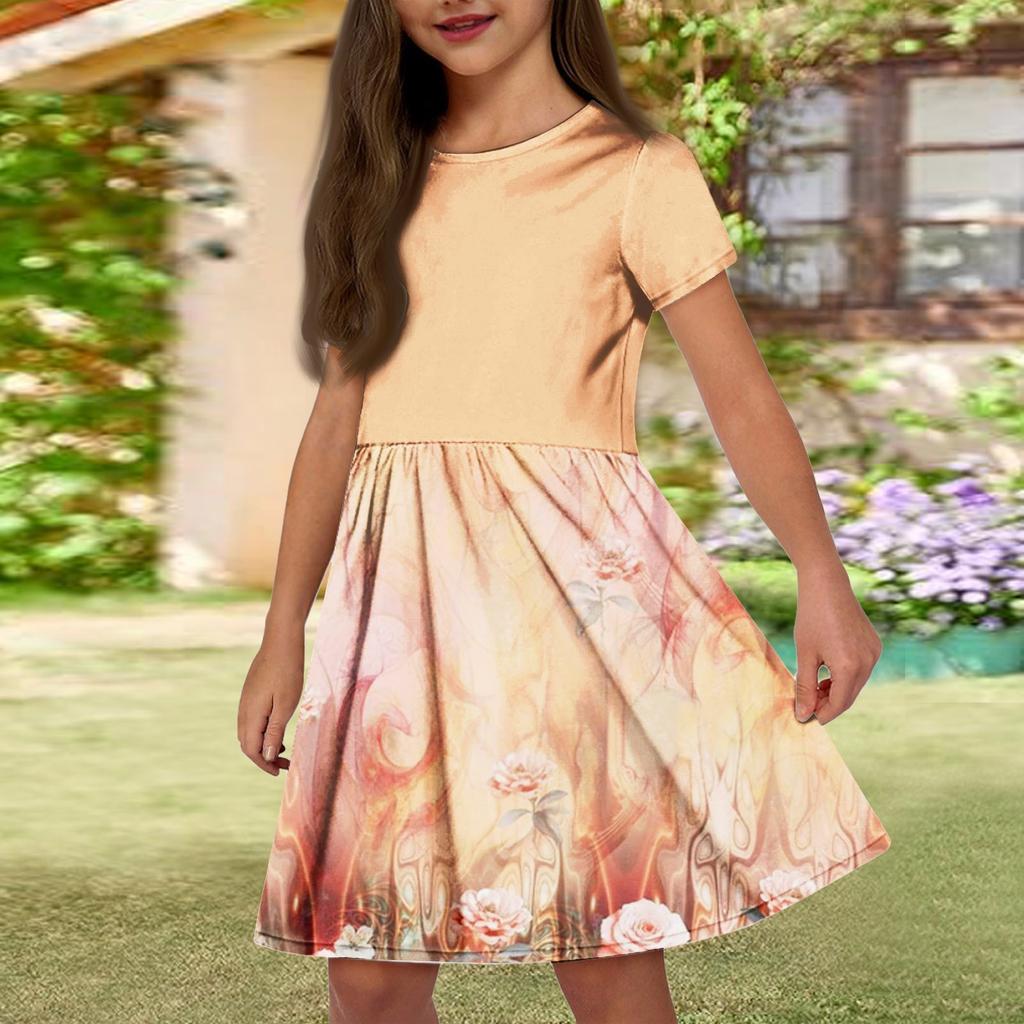 Летнее платье для девочек, однотонное платье без рукавов с принтом и карманом, повседневное платье, вечернее платье с короткими рукавами