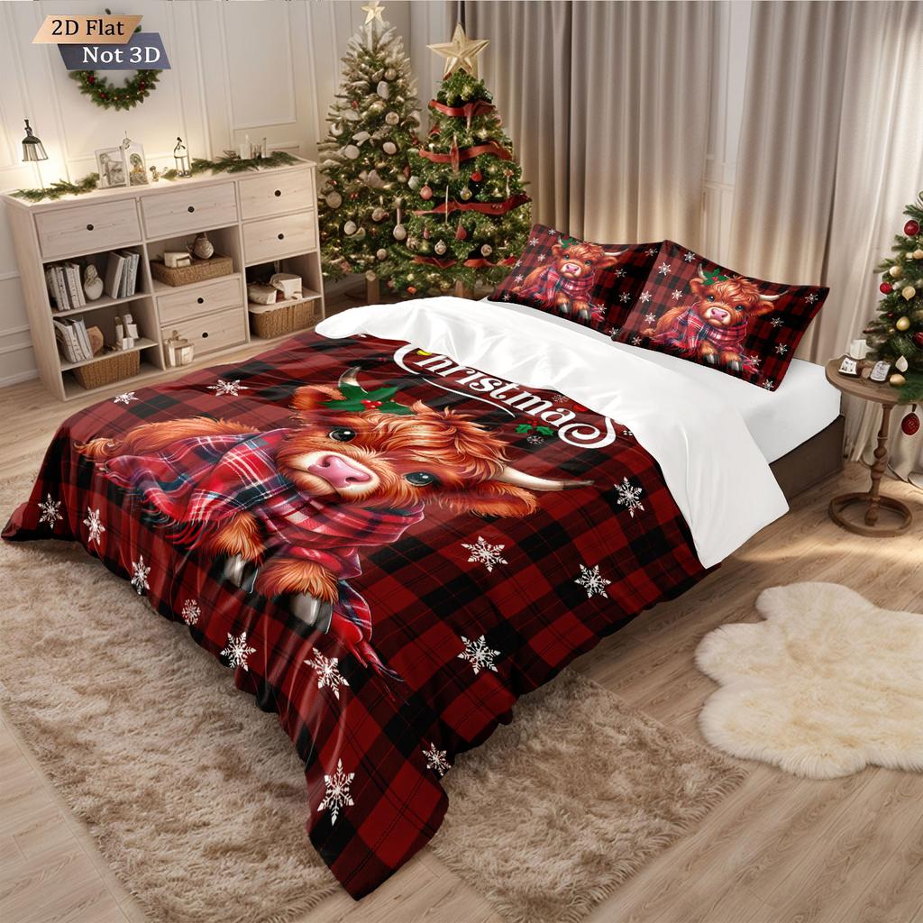 3pcs Christmas highland cattle print coreless quilt set multi size bedroom dormitory bedding decoration soft  machine washable