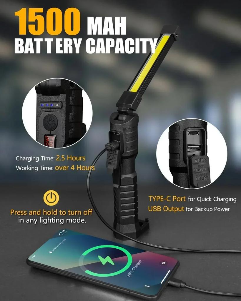 Ultra Bright LED Work Lights Rechargeable Magnetic Hook Camping Lamp Built-in Battery Repair Flashlight Portable Output Lanterns