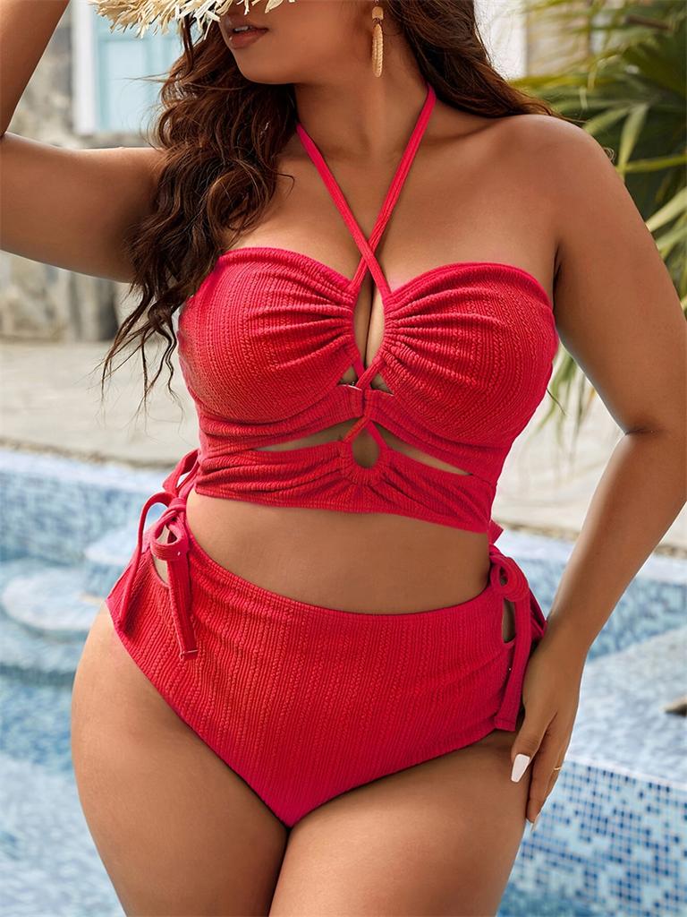 Big Size Women's Bikinis Trend 2025 Halter Two Piece Female Bikinis Sets Bandage Sexy Swimsuit Solid High Waist Swimwear