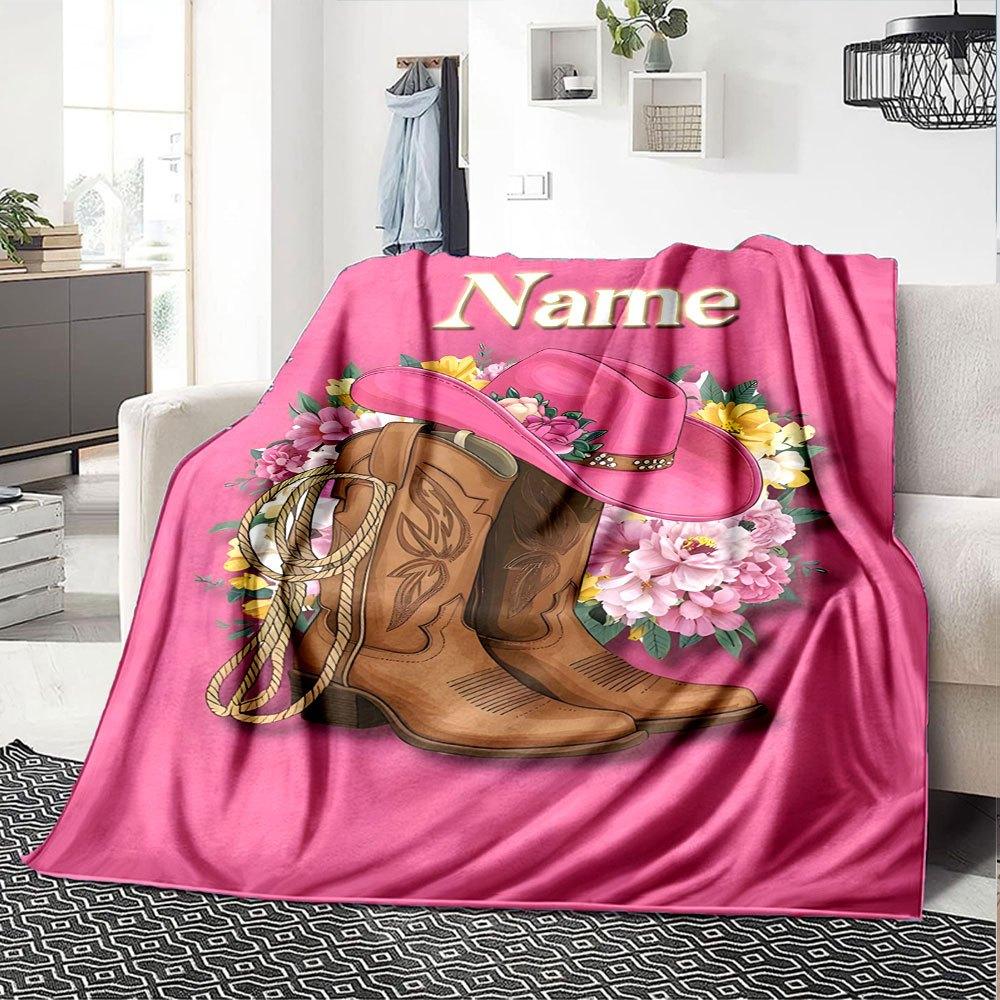Cowgirl Boots And Hat Throw Customizable Blanket Personalized Name Soft Warm Cozy Throw For Sofa Couch Office Bed Picnics All Season Use Stylish Decor