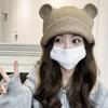 Женская зимняя японская симпатичная вязаная шапка-бомбер с ушками, круглая шапка с медвежьими ушками, защитные шапочки-бини
