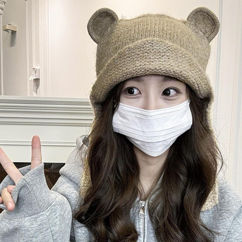 Женская зимняя японская симпатичная вязаная шапка-бомбер с ушками, круглая шапка с медвежьими ушками, защитные шапочки-бини