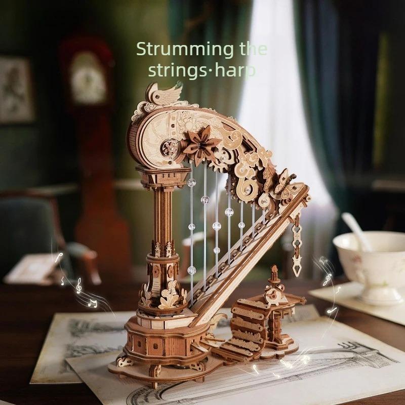 3D Wooden Puzzle Stringed Harp Music Box DIY Handmade Magic Cello Mechanical Music Box with Moveable Stem Creative Toy AMK71