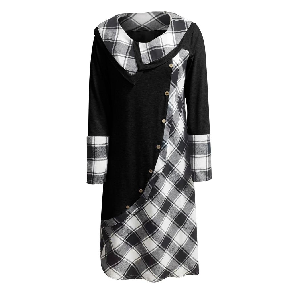 Women's Fashion Plaid Stitching Button Pockets Pile Neck Long Sleeve Dress