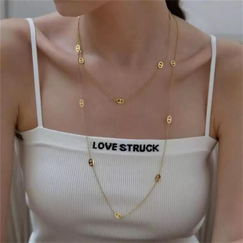 Simple Stacking Pig Nose Fashion Silver Metal Long Necklace Sweater Chain