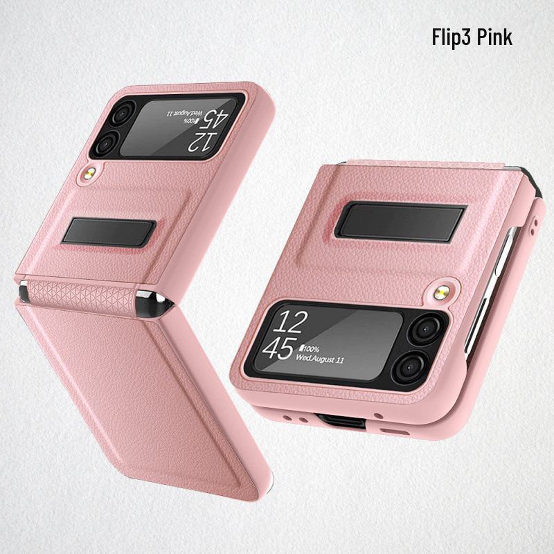 Samsung Z Flip6 Folding Screen Protective Case with Hinge and Bracket, Litchi Leather Mobile Phone Cover.