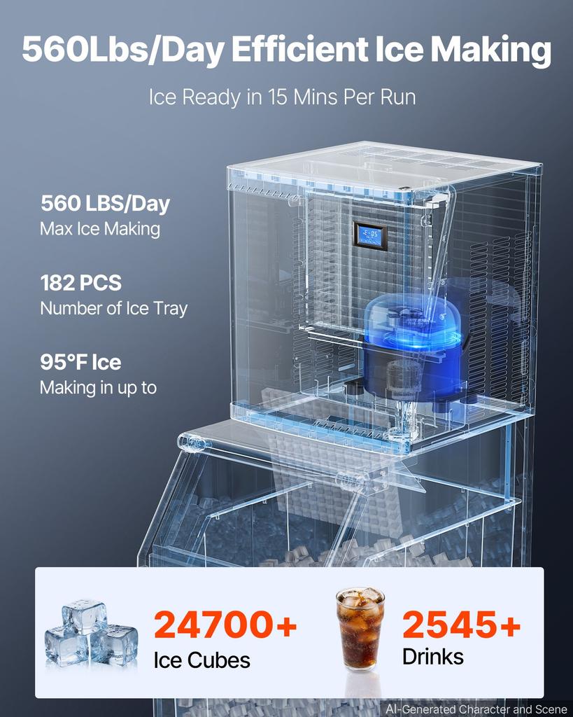 VEVOR Commercial Ice Maker Machine 254 kg/24H Ice-Making Stainless Steel, for Bar Cafe Restaurant Business, Ice Ready in 15 Mins