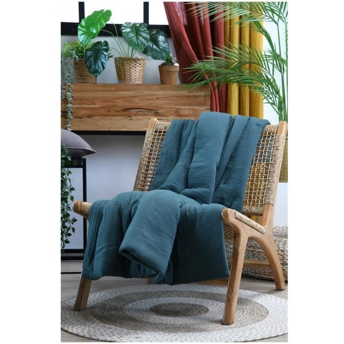 Plaid - Pop - Gaze de coton - 180 x 220 cm - Couleur pétrole - Douceur et confort