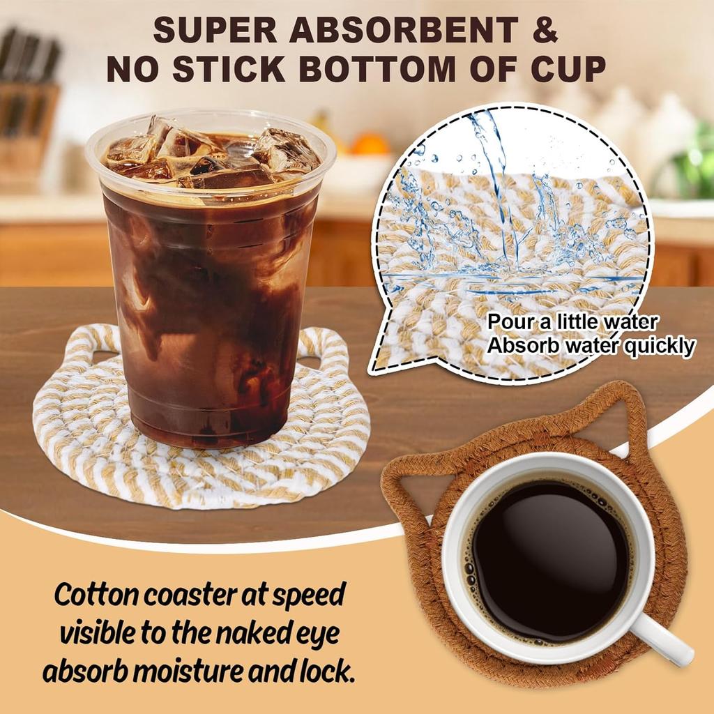 Cat Ear Coasters Set Brown White Handmade Braided Cotton Coasters Non-Slip Absorbent Drink Coaster No Holder