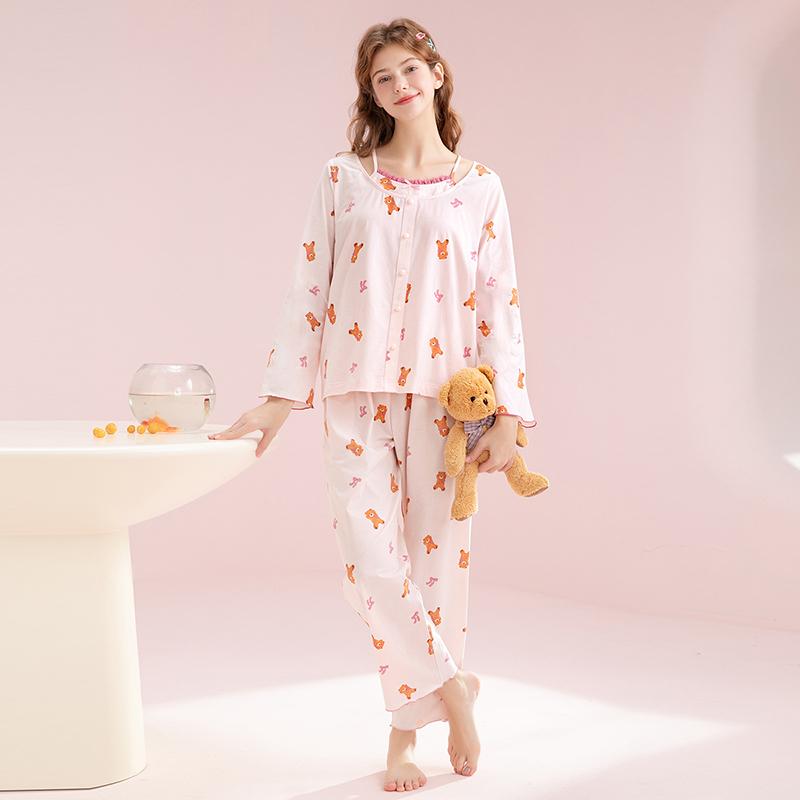 Fenteng 100% Cotton Sleepwear Spring Long-Sleeved Camisole Cartoon Home Suit for Girls