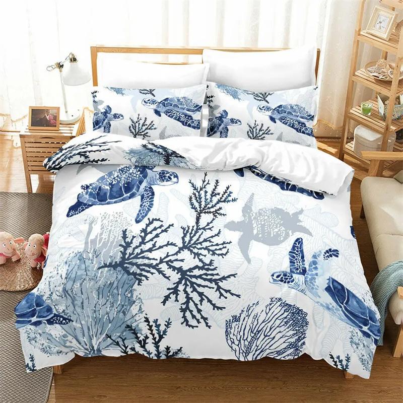 Sea Turtle Bedding Ocean Duvet Cover Set Teal Mediterranean Style Marine Themed Ocean Polyester Bedding Set Queen King Twin Size