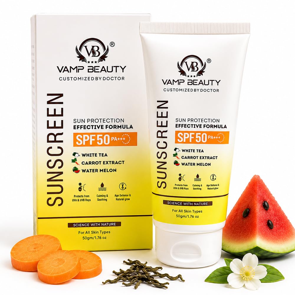 Солнцезащитный крем Vamp Beauty SPF 50 PA+++ с Белым чаем, Экстрактом моркови и Арбузом | Широкий спектр защиты от UVA и UVB | Легкий и нежирный для