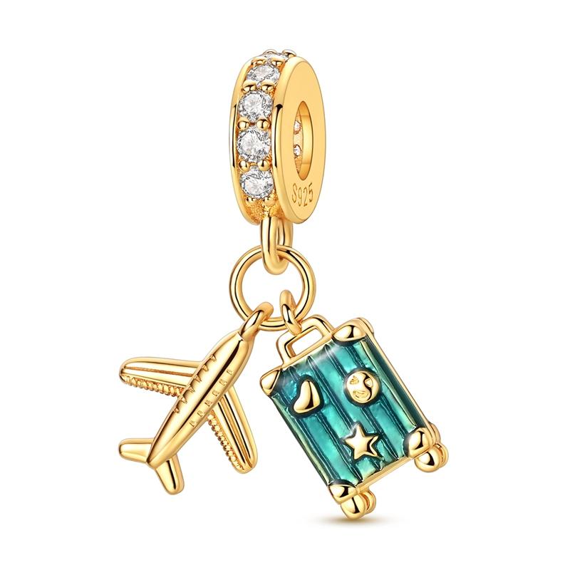 Charms 925 Silver Airplane Luggage Passport Charms Beads Fit Bracelet Pendant DIY Women Man DIY Jewelry Making
