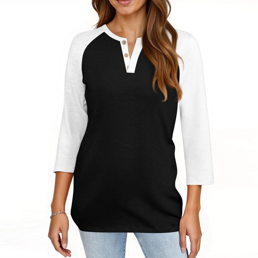 Жен. Футболка С принтом Пуговицы Рукав 3/4 Повседневные Выходные Мода Классический Классический V-образный вырез Обычный Верх