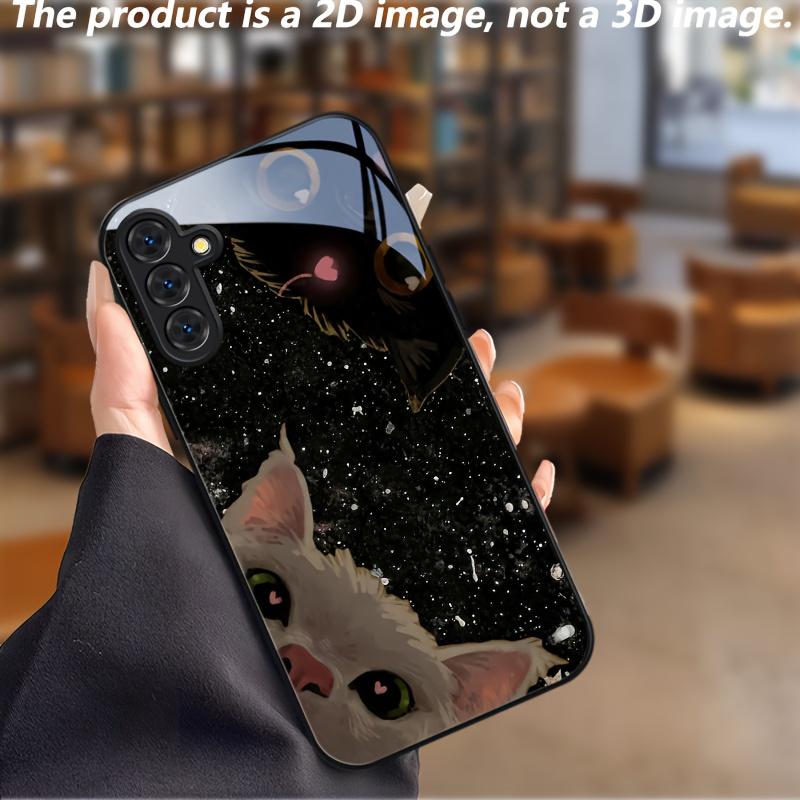 Премиальный чехол из закаленного стекла для телефонов серии Galaxy S20, S21, S22, S23, S24, S25 (FE, Ультра, Плюс) — Тема «Кошка и Звездное небо».