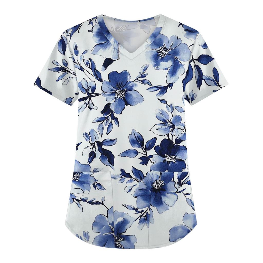 Женская мода с коротким рукавом и V-образным вырезом с карманами и цветочным принтом Топы Одежда