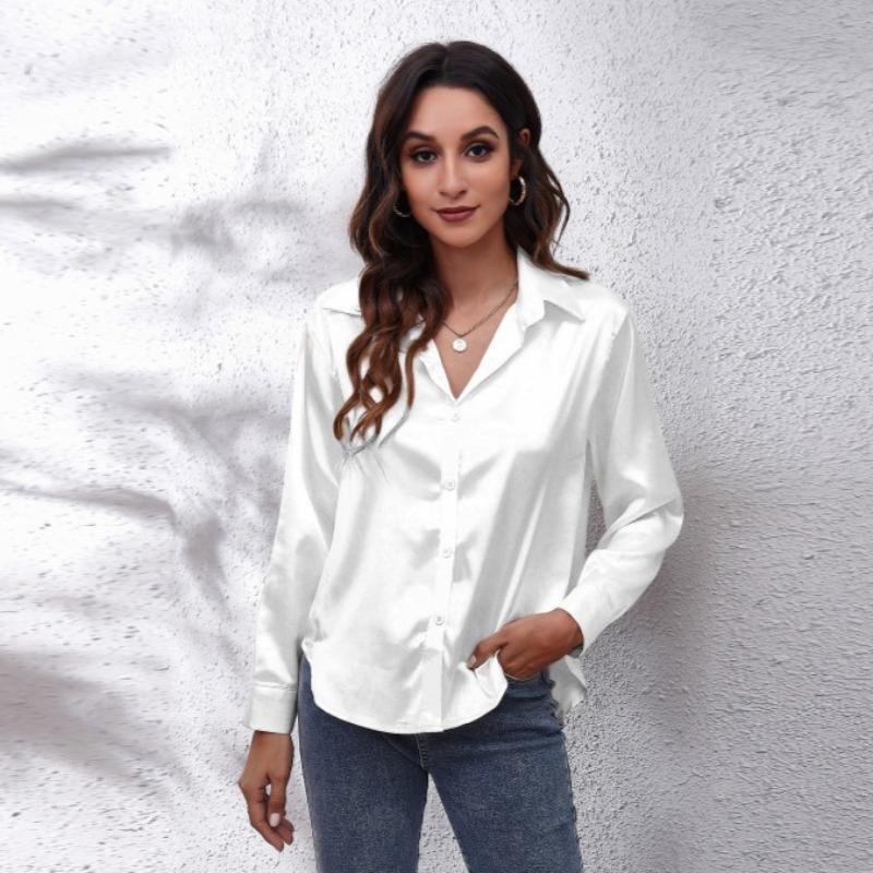 Блузки весна осень женская мода однотонная атласная шелковая рубашка с длинными рукавами атласная имитация шелковая рубашка топ