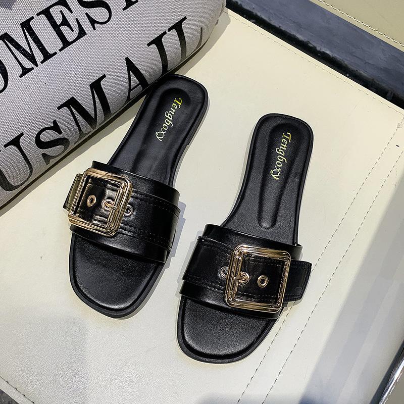 Slippers Women's Summer Is Good To Wear Square Buckles, One-word Drag Women's Flat-bottomed Sandals Are Fashionable and Casual