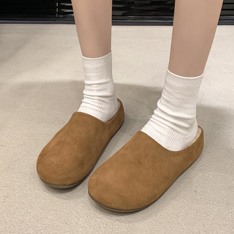Simple Thick-soled Bag Head and Half Slippers for Women's 2024 New Autumn and Winter Velvet Half-tray One-pedal Boken Slippers