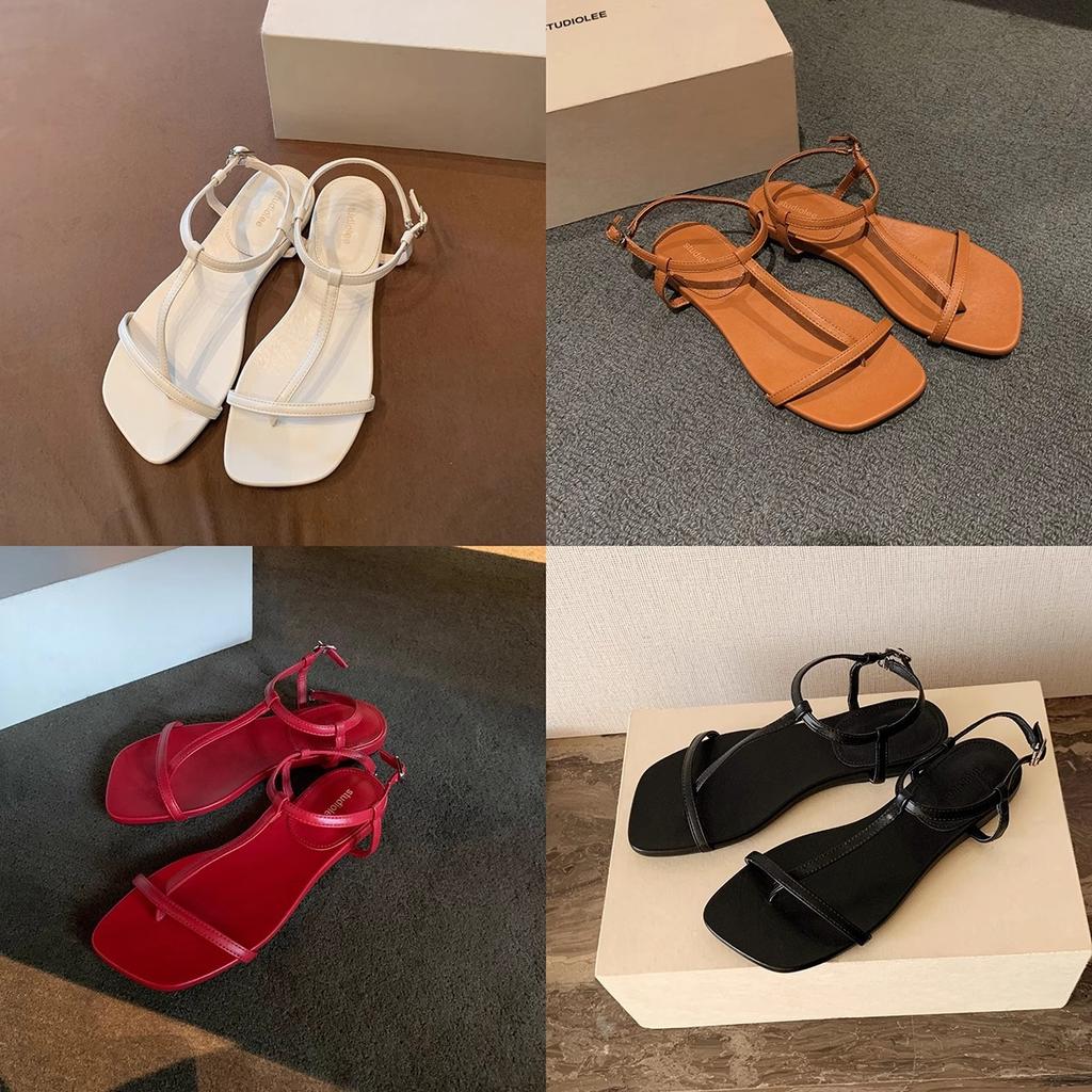 Sheepskin Version~ Grape Mother, the Same Fashionable Diagonal Cut Square T-shaped Belt Leather Toe Versatile Flat-soled Sandals Women's Summer