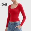 Women Bottoming Tops Scoop Neck Long Sleeve Slim Fit Pullover Tops Solid Color High Elastic Regular Fit Versatile Blouse