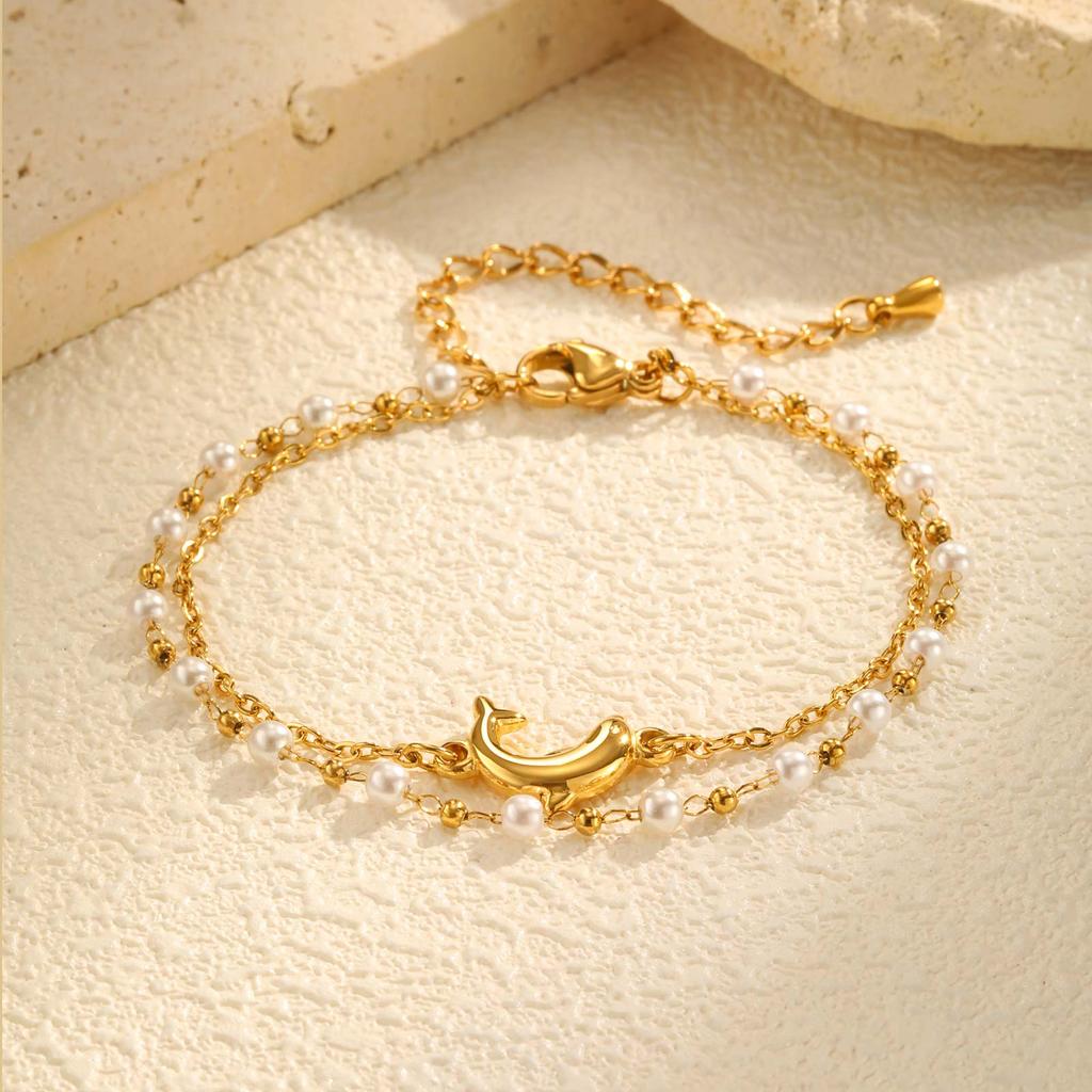 Exquisite Dolphin Imitation Pearl Bead Chain Bracelet for Women,Stainless Steel Double Layered Bracelets,Charm Jewelry Gifts