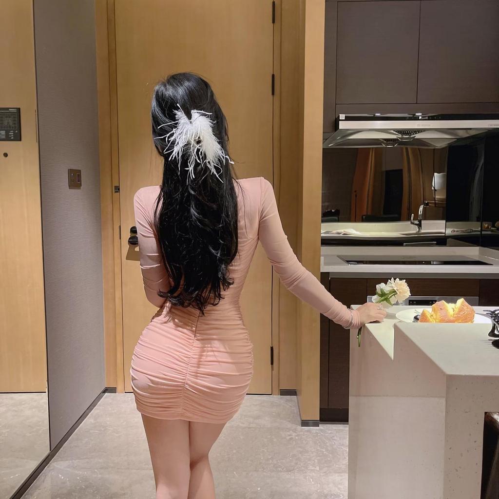 Spring Summer French Square Neck Puff Sleeve Bodycon Dress - Waist Cinched, Slimming Short Skirt