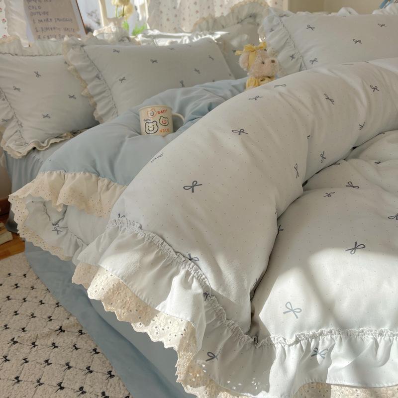 Комплект постельного белья из четырех предметов с двойной нитью, кружевной в принцессном стиле, приятный для кожи, дышащий, стиранные простыни, пододеяльник, наволочка