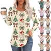 Women's Fashion Casual Pleated Round Neck Christmas Printed Long Sleeve T-Shirt Top