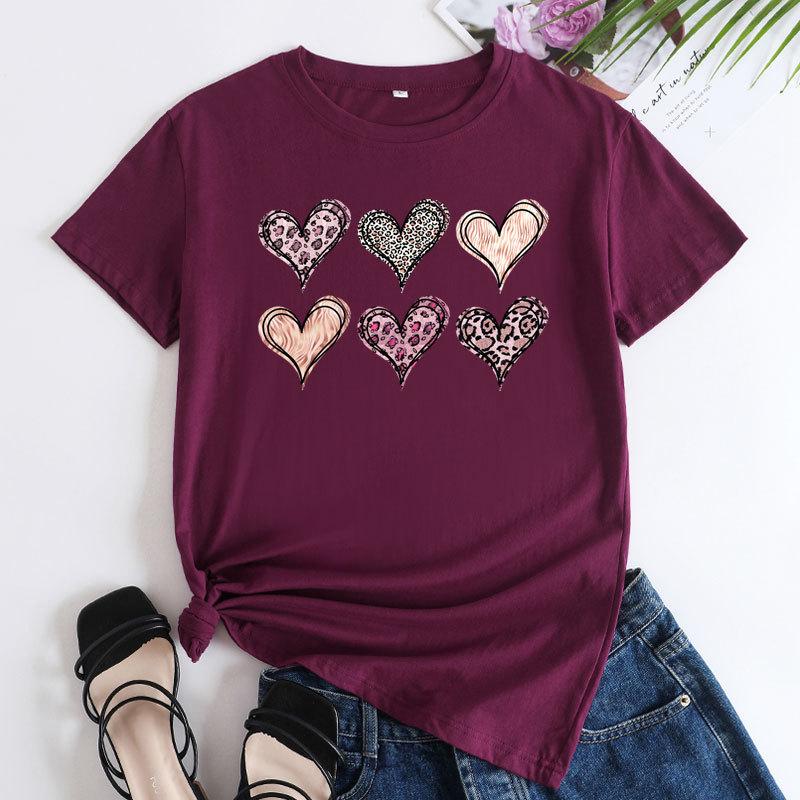 Летние женские футболки больших размеров с цветным принтом в виде сердца, свободные, с круглым вырезом, повседневные, из чистого хлопка, с короткими рукавами, женские
