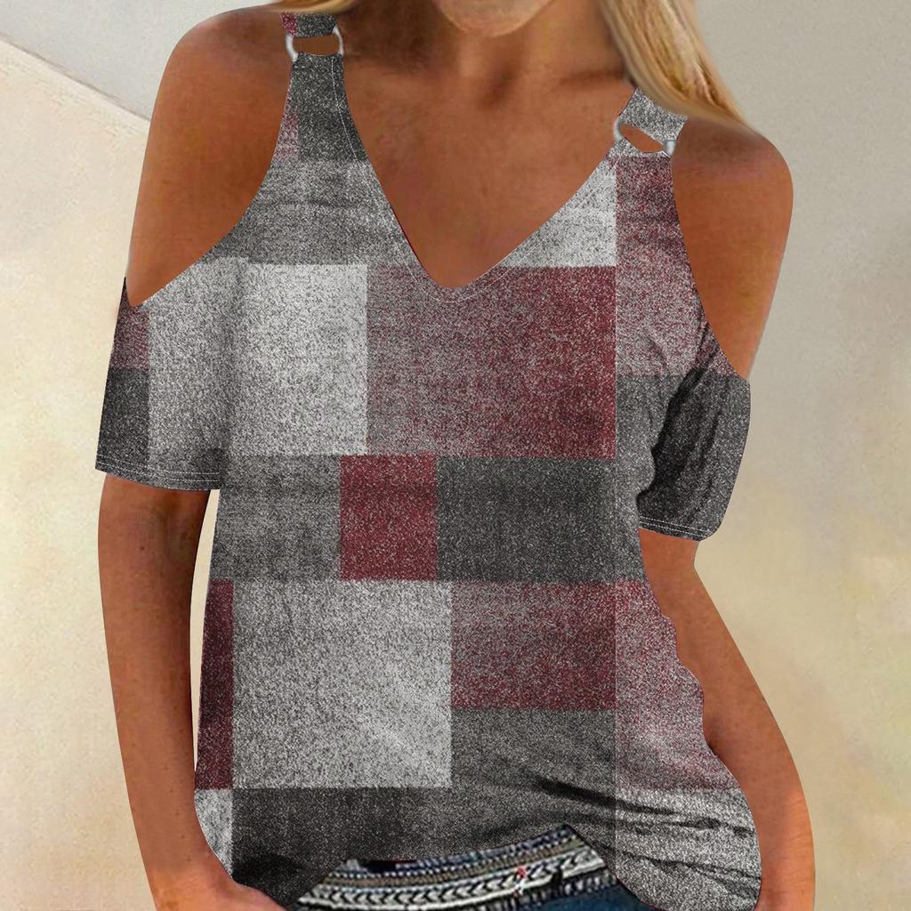 Женская летняя свободная футболка с полым V-образным вырезом и коротким рукавом с принтом