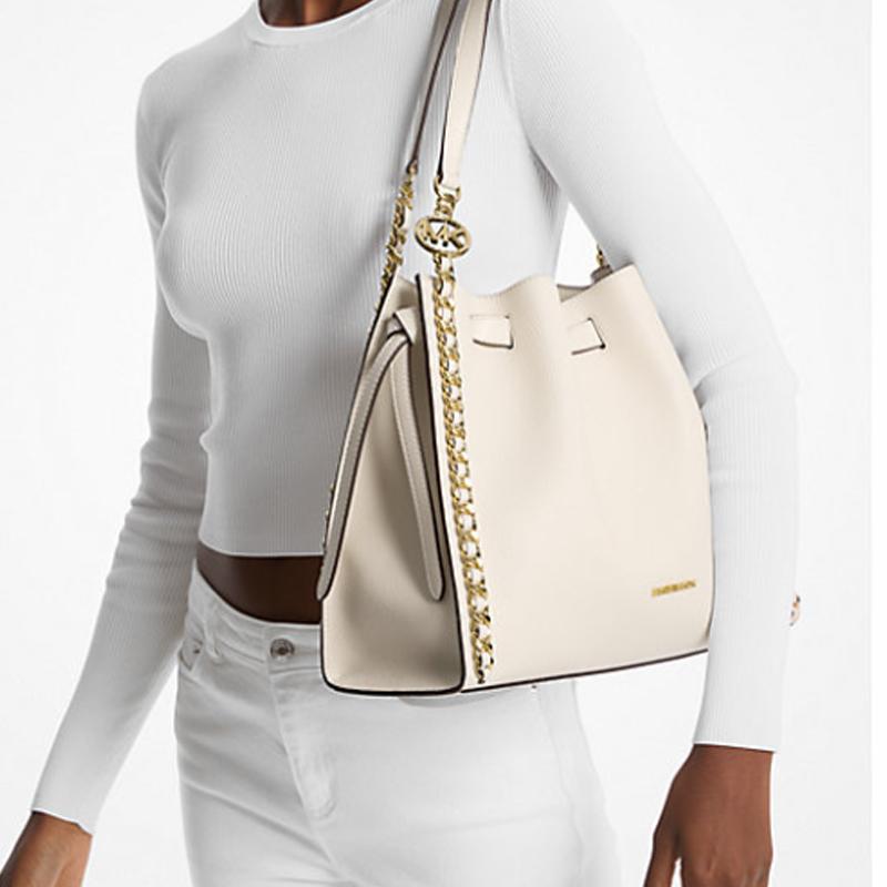 Michael Kors MK Mina Logo Drawstring Closure PU Bucket Bag Women handbags Cream-White 35H3G4ML3I-2171