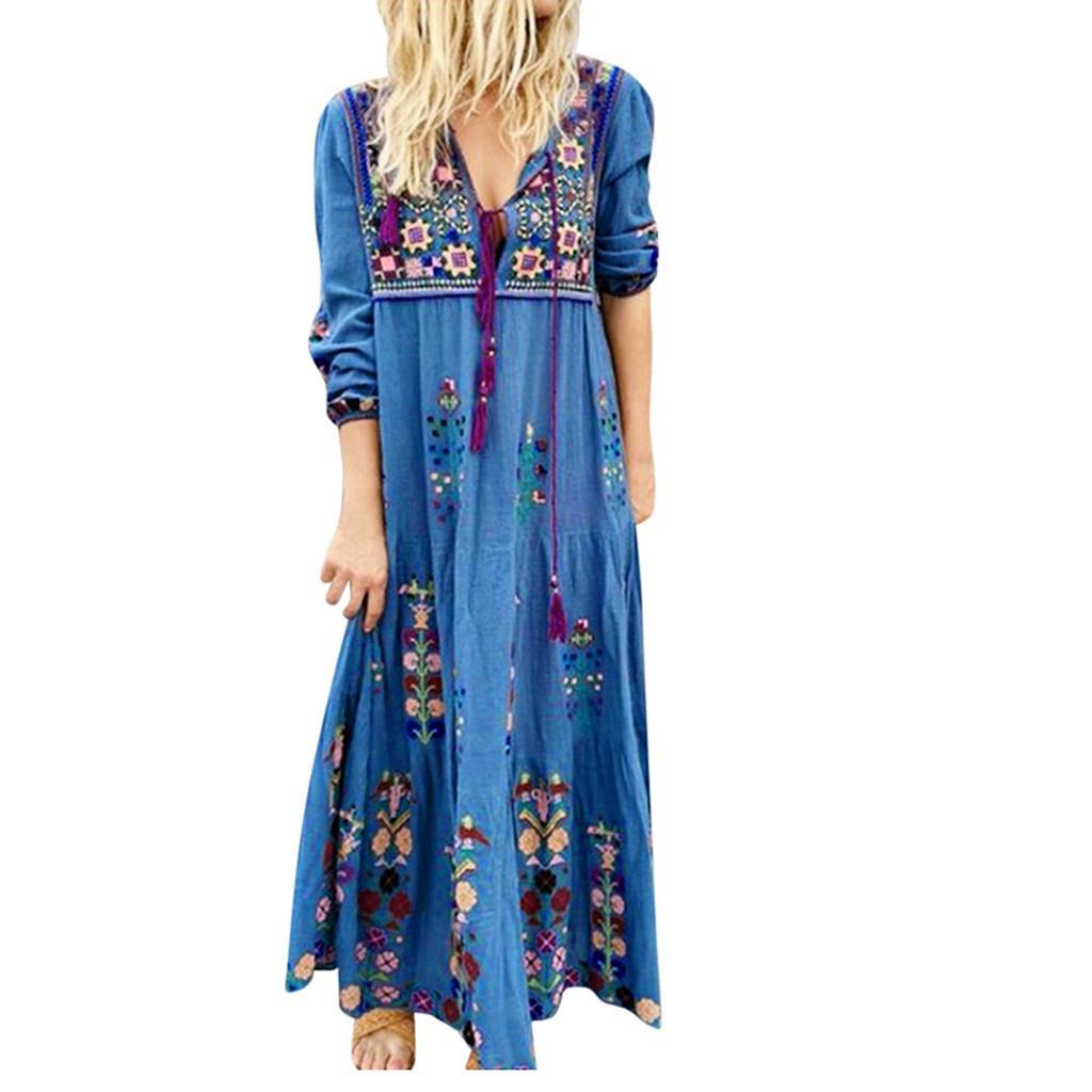 Women Plus Size V Neck Print  Long Sleeve Boho Dress Party Maxi Dress