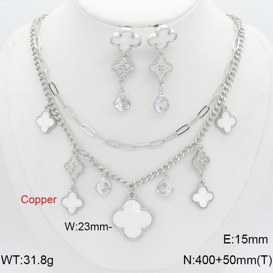 2PCS Fashion Double Necklace Earrings Copper Jewelry Set Stacked Clover Jewelry
