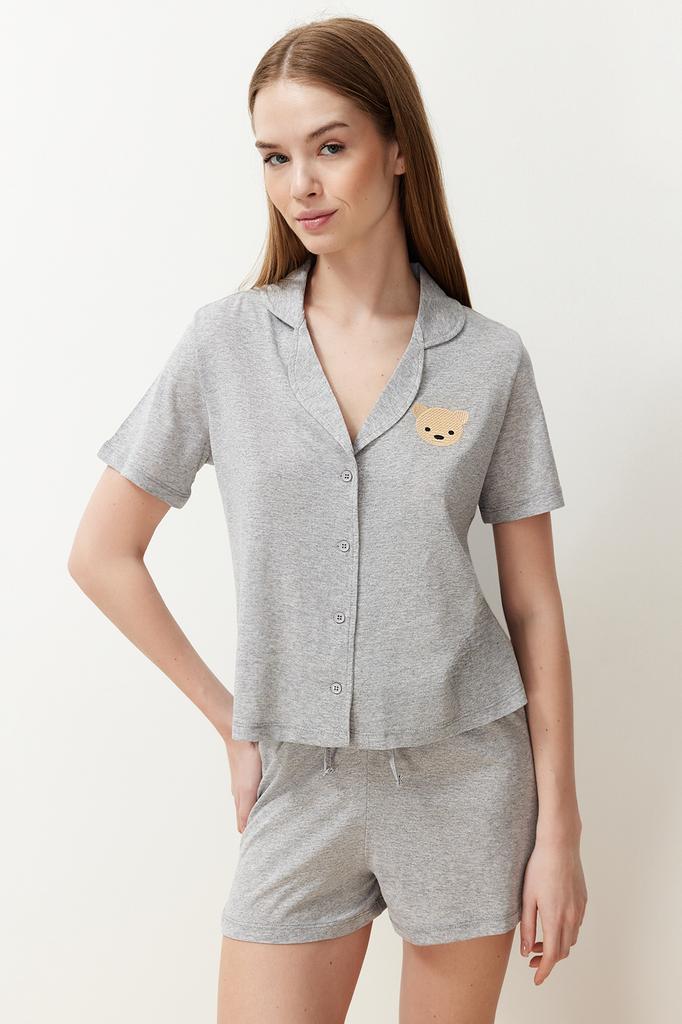 Women's Fashion New Pajama Set Cinnamon 100% Cotton Teddy Bear Embroidered Shirt-Shorts Knitted Pajama Set