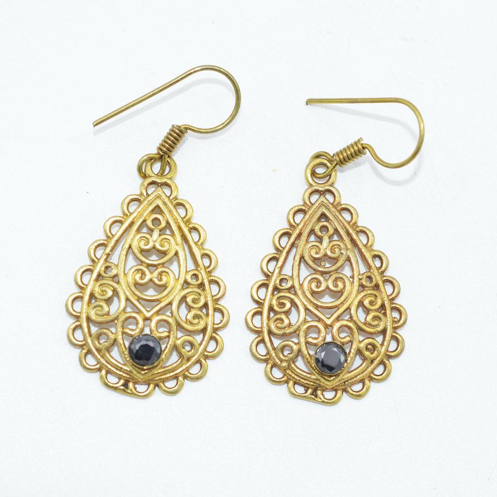 Brass Gold Plated Women's Earring, Natural Gemstone Cabochon Jewelry, Fashion Jewelry, Handmade Earring, Black Onyx Earring