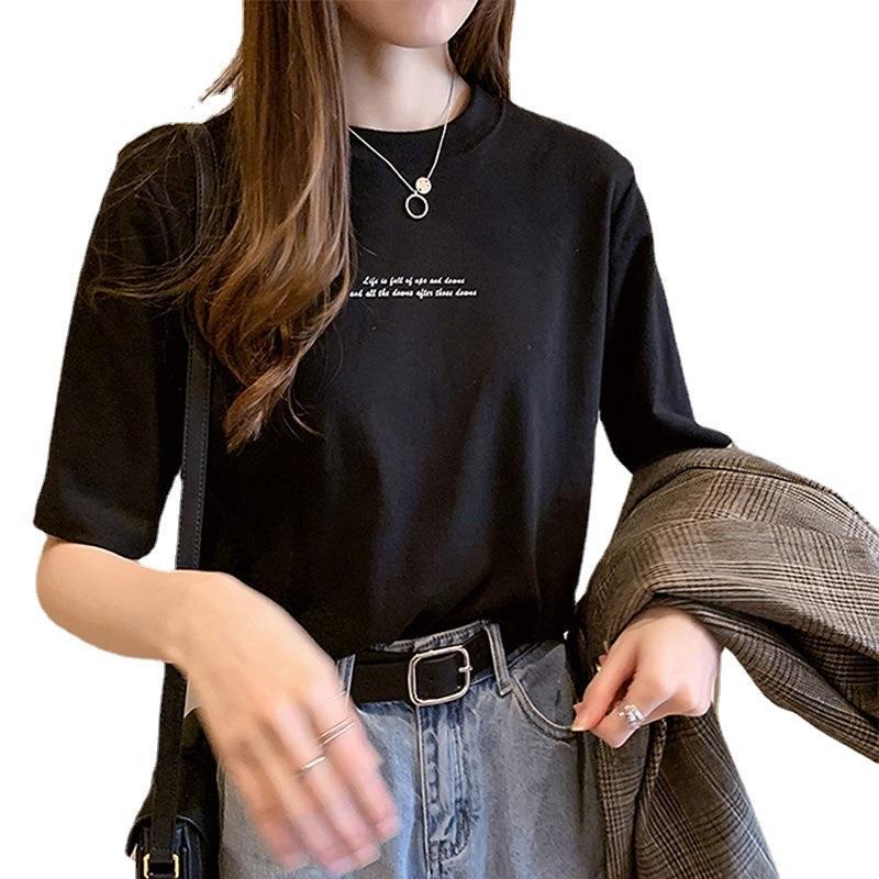 Korean version of summer loose round neck short-sleeved T-shirt women's alphabet print women's top student bottoming shirt women's clothing