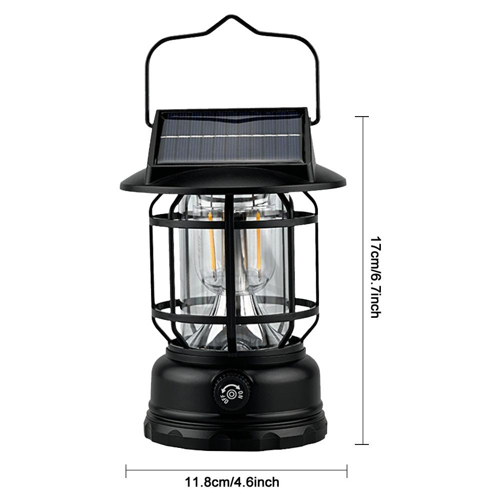 Solar Powered Outdoor Camping Lantern with Knob Portable Tent Light Dimmable Hanging Retro Lantern for Hiking Emergency